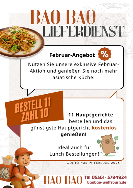 Ein Werbeplakat für den Lieferservice Bao Bao mit Angebotsdetails und Speisenabbildungen.
