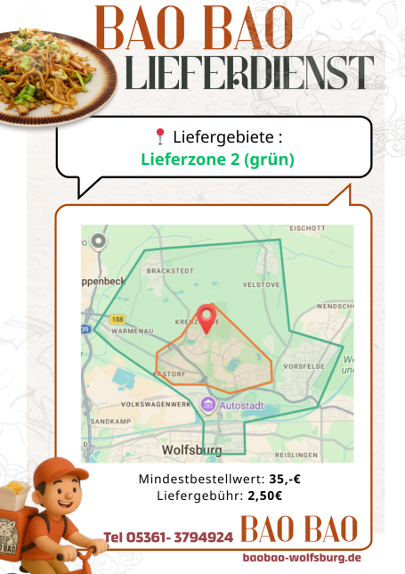 Karte mit Liefergebiet für Baobao Lieferservice, Standort und Lieferpreise.