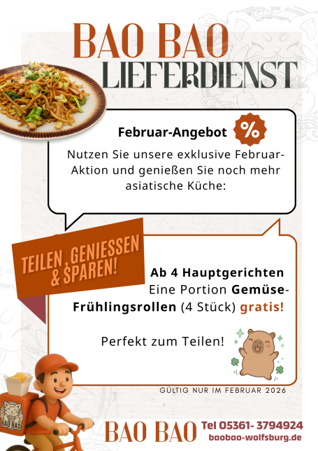 Bao Bao Lieferservice-Angebot mit Hinweisen zu Hauptgerichten und Frühlingsrollen.