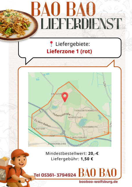 Liefergebietskarte für den Bao Bao Lieferservice mit Preisen und Bedingungen.