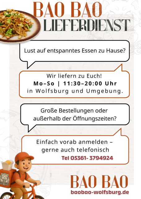 Lieferservice-Anzeige für Bao Bao mit Öffnungszeiten und Kontaktinformationen.